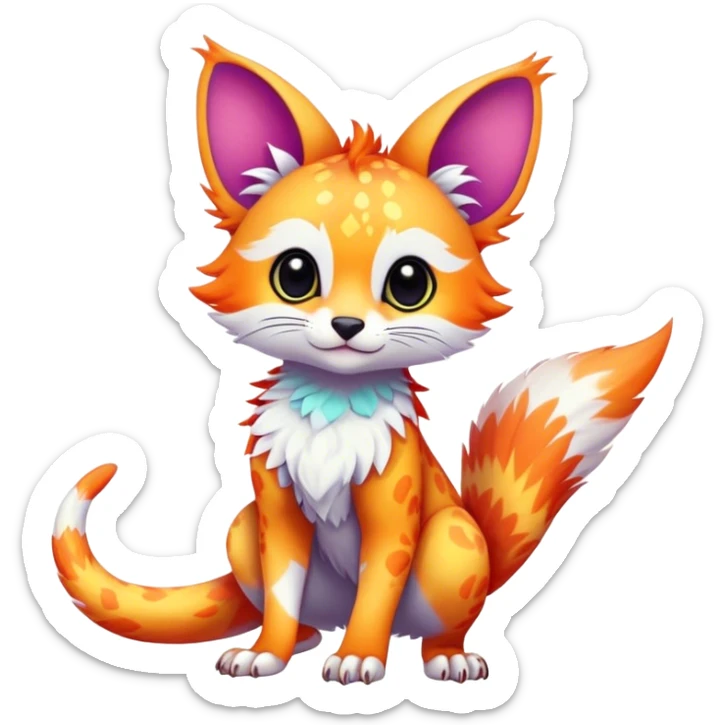 Feral Rare Fantasy vibrant colorful tropical cute, kawaii, cool, ed Vernid-Trico-species by LiLaiRa, random markings, tufted tail, tufted ears, full body, cheek markings sticker