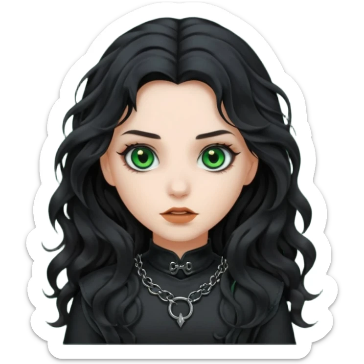 Crea una ragazza con stile black metal, capelli neri mossi lunghi e occhi verde scuro sticker
