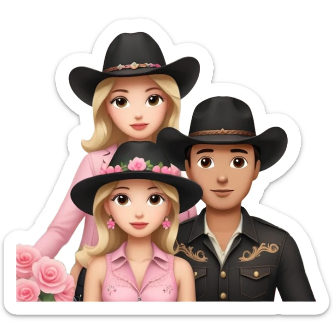 romantic scene, man with black cowboy hat, beautiful woman, Eiffel Tower, pink floral accents sticker