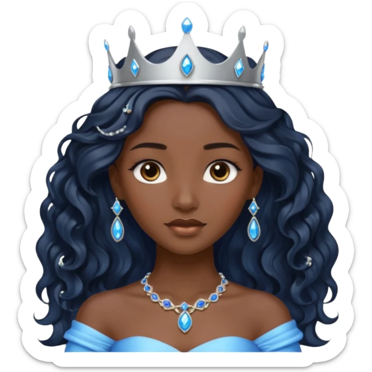 Por favor hazme el emoji de la princesa pero morena con el pelo negro y ondulado y largo, los ojos marrones y la corona plateada con jollas azules sticker