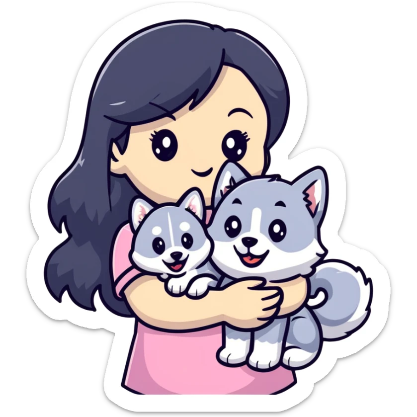 beautiful girl with long black hair holding a cute husky puppy sticker