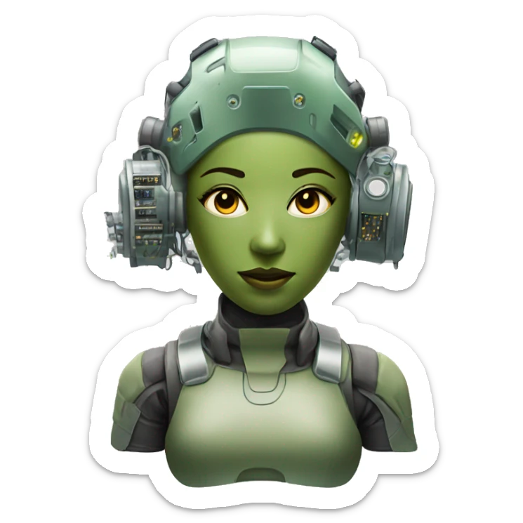 Olive green hair female cyborg head with respirator mask and circuits sticker