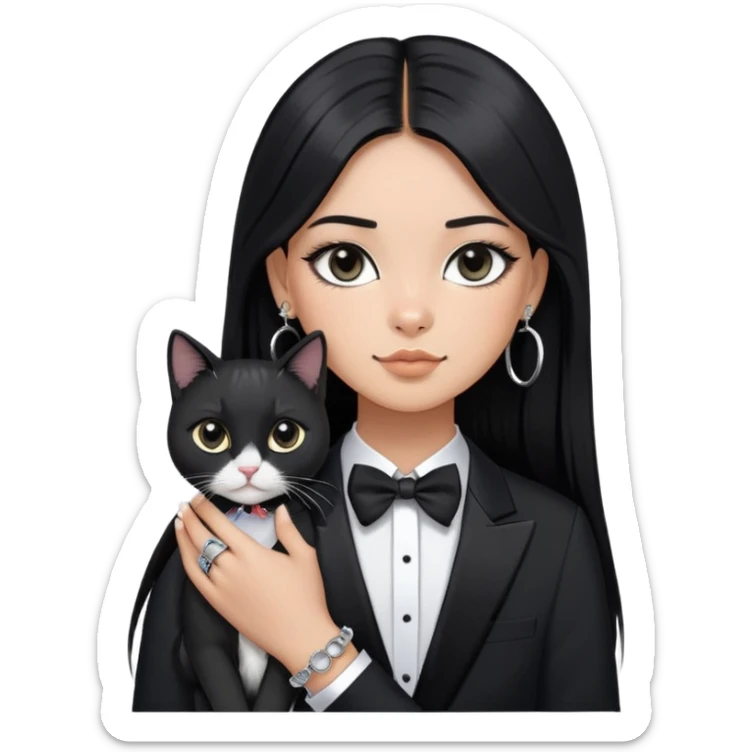 A girl with long straight black hair has upward-slanting eyeliner. She is wearing large silver hoop earrings, a black short-sleeved shirt, and a bracelet on her left hand. She is holding a  tuxedo cat with a black face  sticker