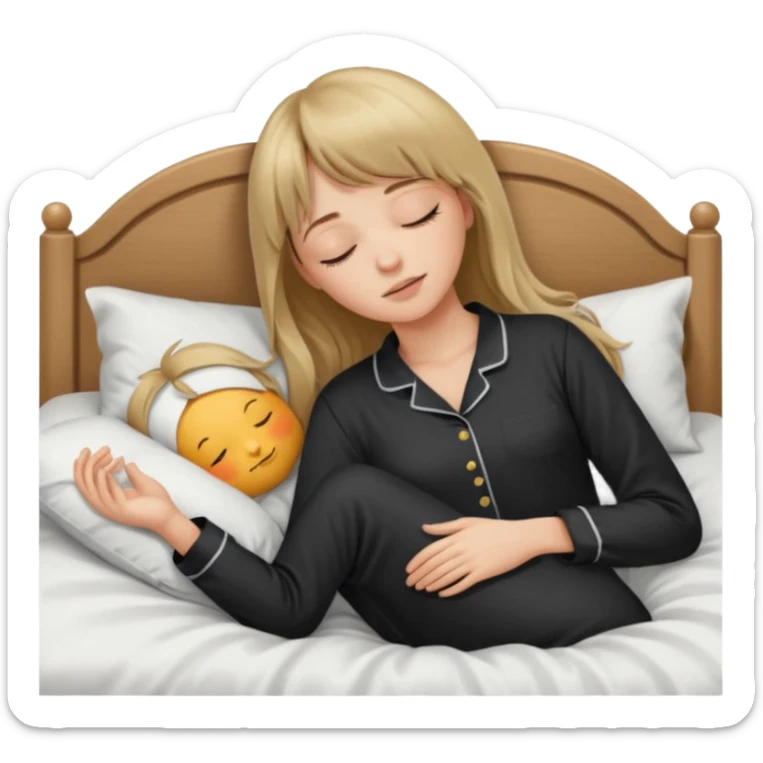 Young woman with long dark blond hair all around her, and a bang, sleeping in bed  with black pyjama  sticker