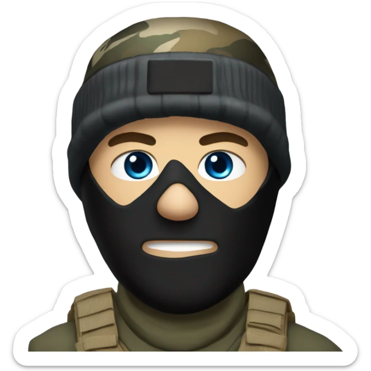 White male, call of duty black mask, camo tactical gear, tan combat boots, black beanie, blue eyes sticker