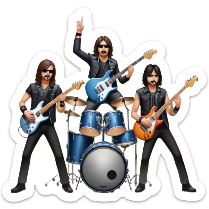 Icon for Heavy Metal Music: 4 men band on stage with electric guitars, drums and intense lighting. 3 guitarists and 1 drummer, surrounded by energy and stage effects, capturing the power and intensity of a metal concert. Transparent background. sticker