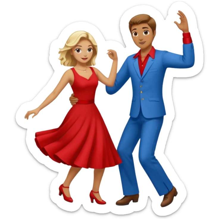 Two people. Man wearing all  RED with brown hair. Women  ALL blue with blond hair. Swing Dancing.  sticker