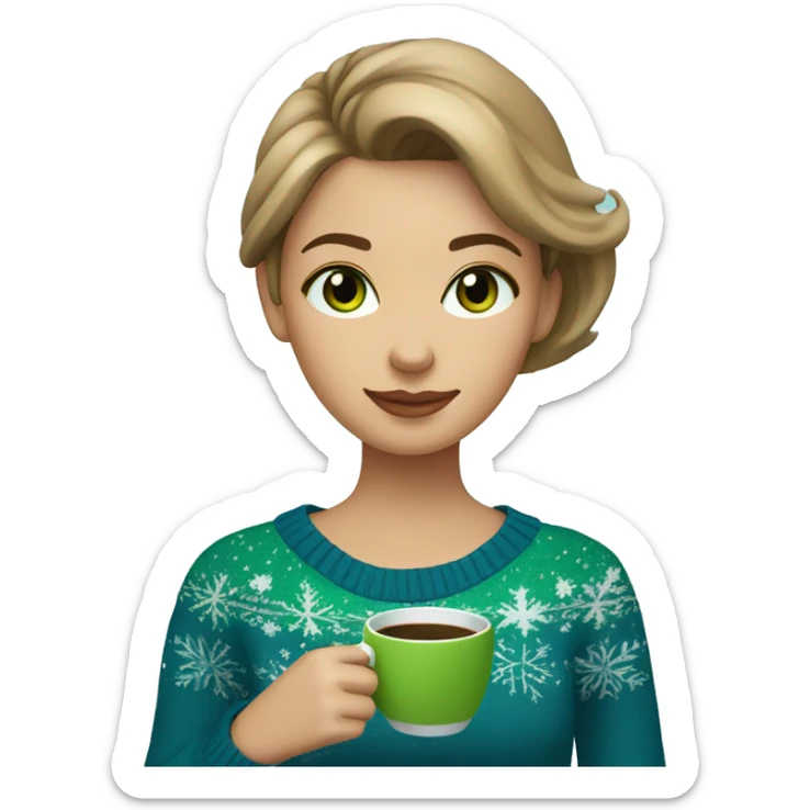 Light brown short haired girl with green eyes drinking coffee wearing blue Christmas sweater sticker