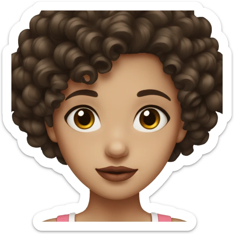 girl, really dark brown hair, curly hair, dark brown eyes, pale, red lips. sticker
