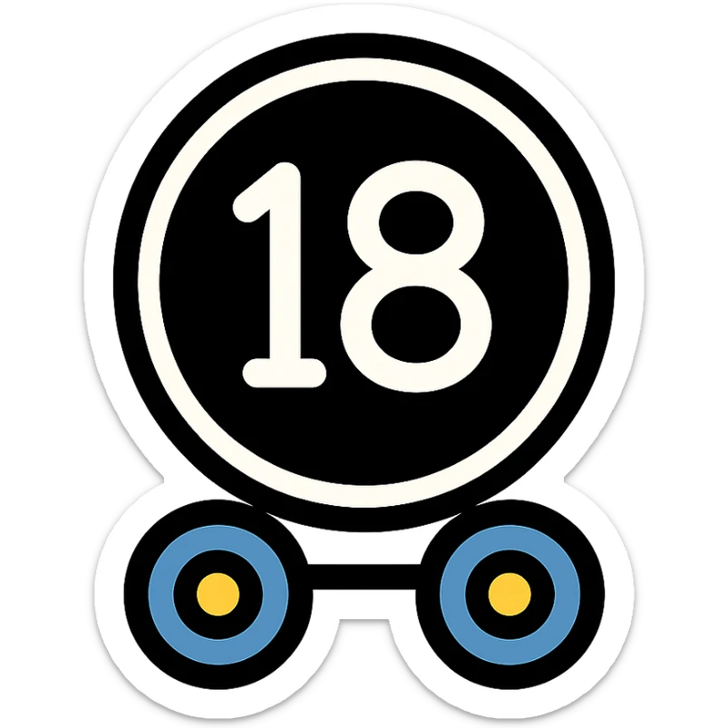 black circular badge with white 18 in the middle, cartoonish semi truck wheels at the base, color outline style sticker