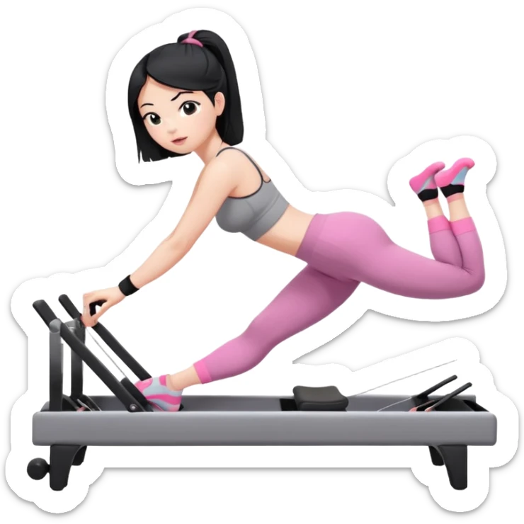Create a Pilates emoji: a girl with fair skin and black hair, wearing a grey bra and leggings with pink socks, exercising on a pilates reformer and not looking at the camera sticker