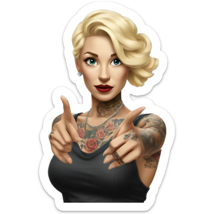 Blonde elegant women, her Body Covered with Tattoos, POINTING YOU with her HAND , Hyper realistic sticker