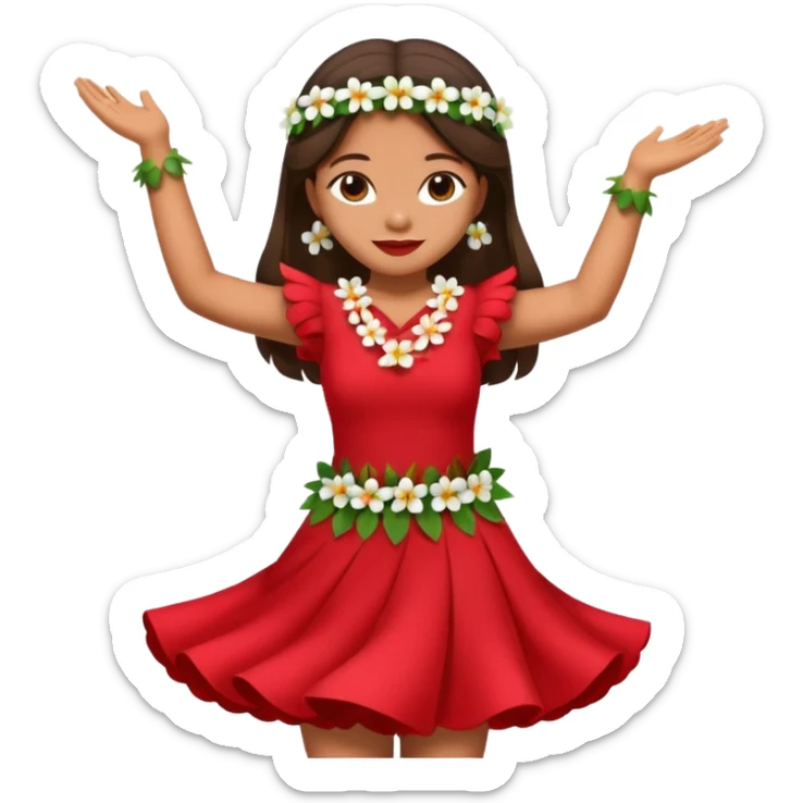 Lilo from Lilo & Stitch in a red dress with white flowers dancing hula with Nani, apple style emoji sticker