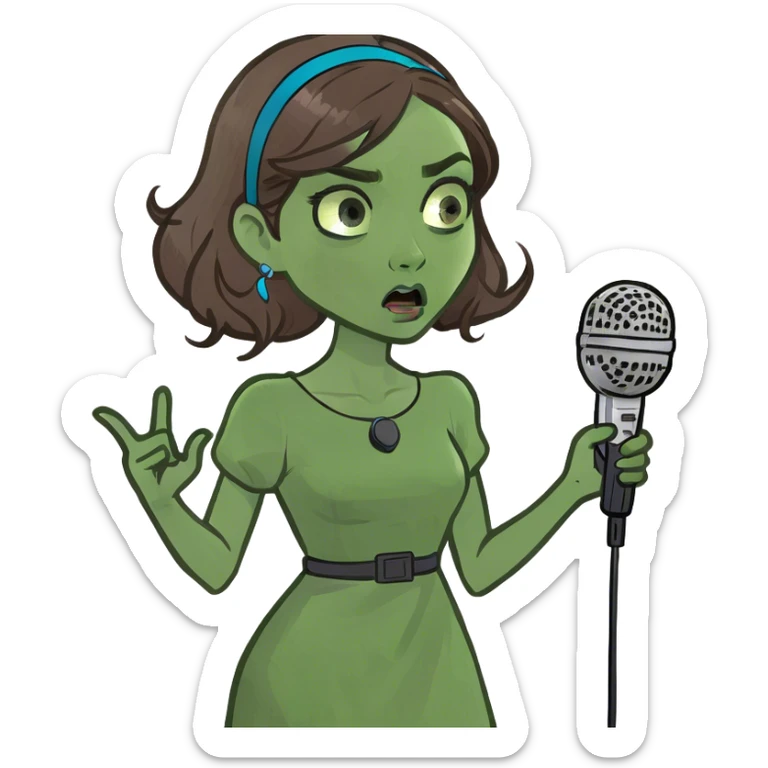 White girl blue eyes brown hair speaking telling shooking news while she’s being calm in a diva pose sticker