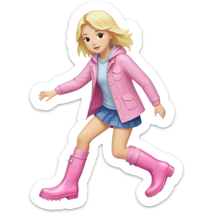 Blonde girl in light pink rain boots splashing in a public sticker