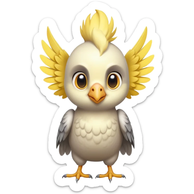 adorable-[cockatiel]-realistic-full-body-perched-emoji,-wings-tucked-neatly,-head-tilted-dramatically,-sleek-[yellow and grey]-feathers,-simplified-yet-realistic-focused-features,-highly-detailed,-glowing-with-an-almost-sarcastic-glow sticker
