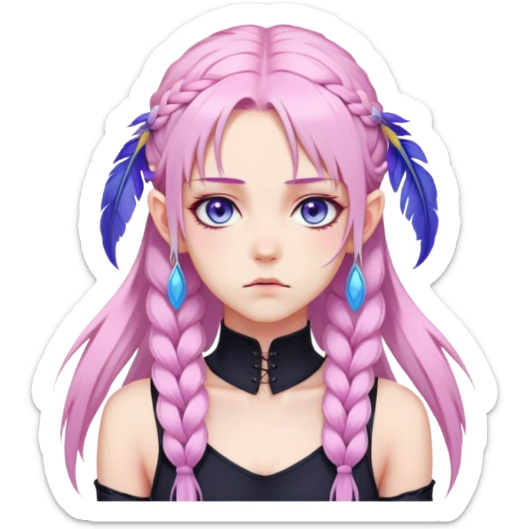 Gorgeous anime lady long-pale-pastel-pink-hair with one braid on each side, grumpy expression, purple-pink feather-ear-cuffs in hair, black bodysuit, blue eyes, pink iris, ethereal, fashion aesthetic  sticker