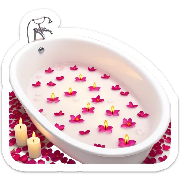 A white bathtub with warm water, with flower petals and scented candles, romantic lush warm colors sticker