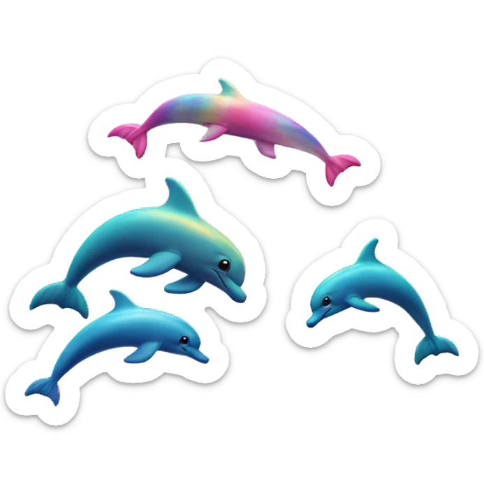 I sunset in the ocean with a rainbow. Pink dolphins and unicorns jumping out of water sticker