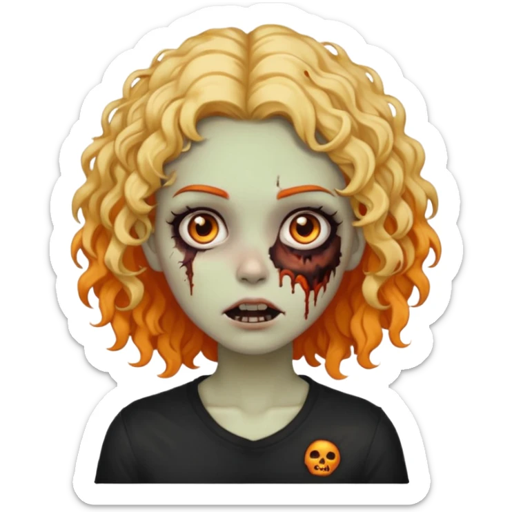 Faça uma garota zumbi de cabelo cacheado preto e uma mecha descolorida meio alaranjada do lado esquerdo sticker