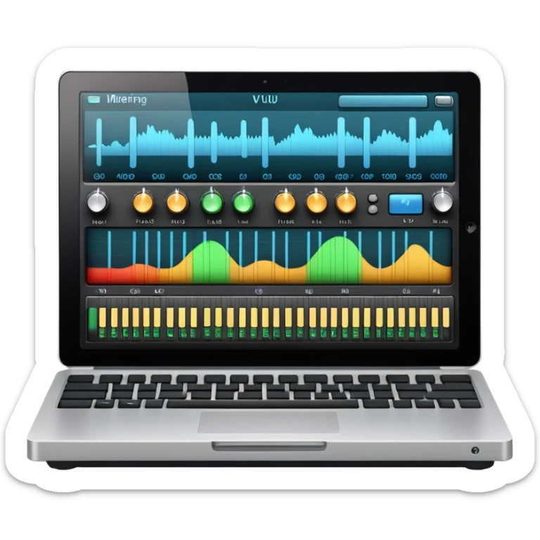 Close-up shot of a laptop screen clearly visible, showing a professional audio mixing interface focused on voice editing: audio level meters (VU meters) moving, voice waveform, volume faders, EQ panel, compressor, limiter, noise reduction, de-esser, gain controls sticker