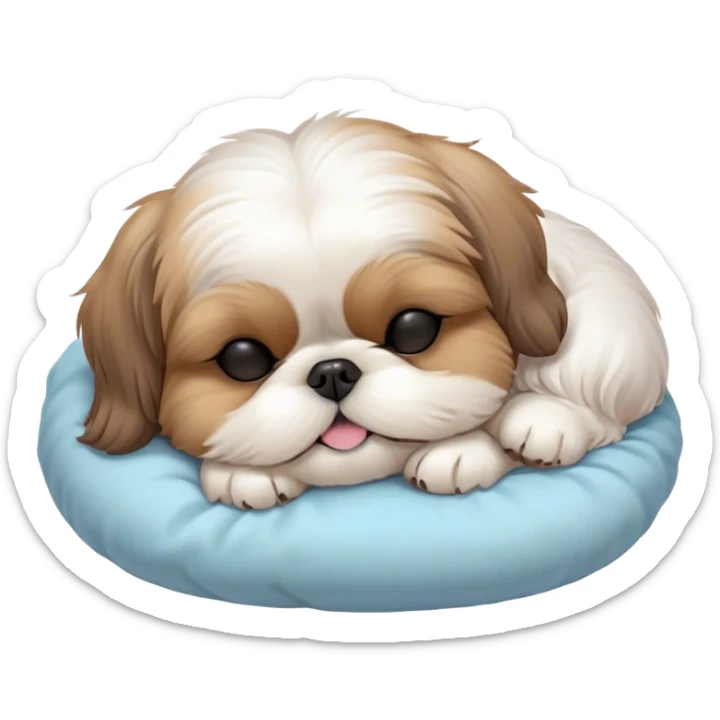 Meme-Worthy Cute Sleeping Shih Tzu Portrait Emoji, Head resting peacefully with a tender, contented smile and eyes delicately closed in serene slumber, showcasing a luxuriously fluffy fur in soft pastel tones, simplified yet irresistibly adorable, highly detailed, glowing with a warm, drowsy radiance, high shine, exuding calm, cozy charm, styled with a gentle, soft glowing outline, capturing the essence of a sleeping Shih Tzu that radiates utterly adorable, sleepy bliss! sticker