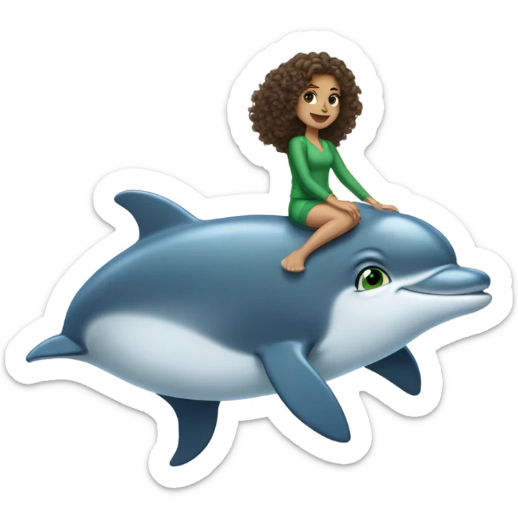 Short brunette girl who’s college aged, curly hair, green eyes, riding a dolphin  sticker