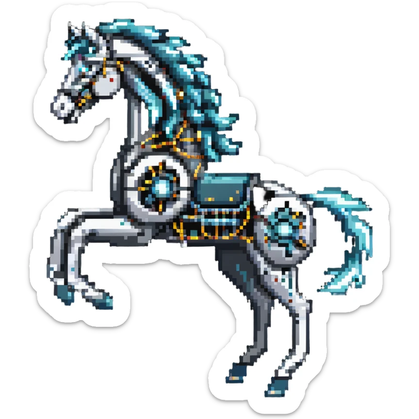 Galloping electric horse made of metal parts with lightning and electricity flowing through its body, dynamic pose sticker