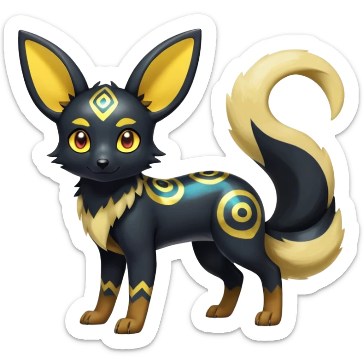 Shiny Exotic Colorful Excessive Mysterious Umbreon-Poochyena-Pokémon-Fakémon-hybrid-creature (full body) with pattern-markings with golden eyes sticker