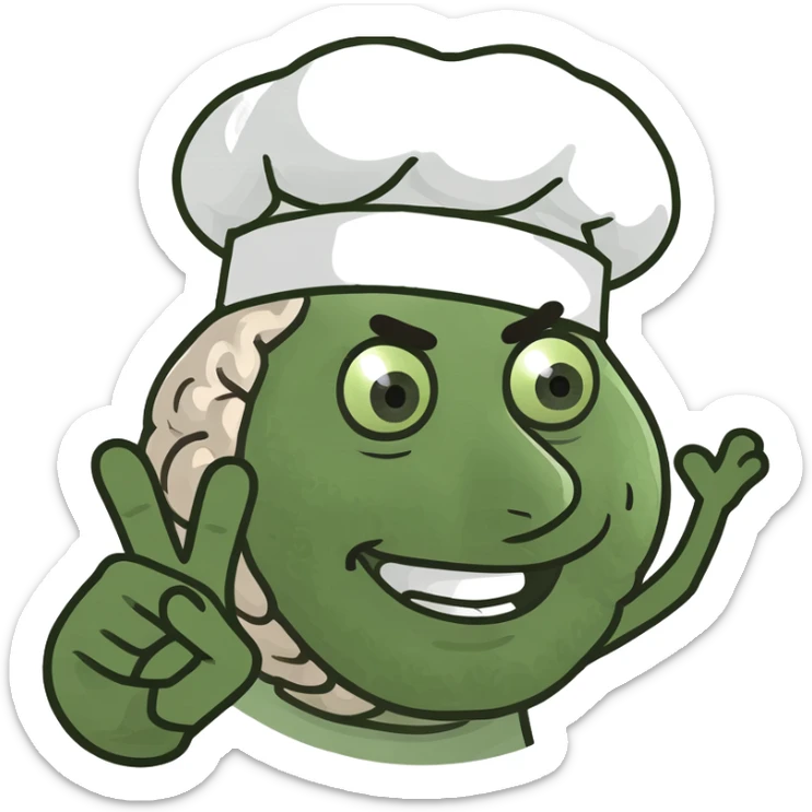 cartoon brain wearing a chef hat, doing the Italian hand sign, over-the-top silly expression, meme style sticker
