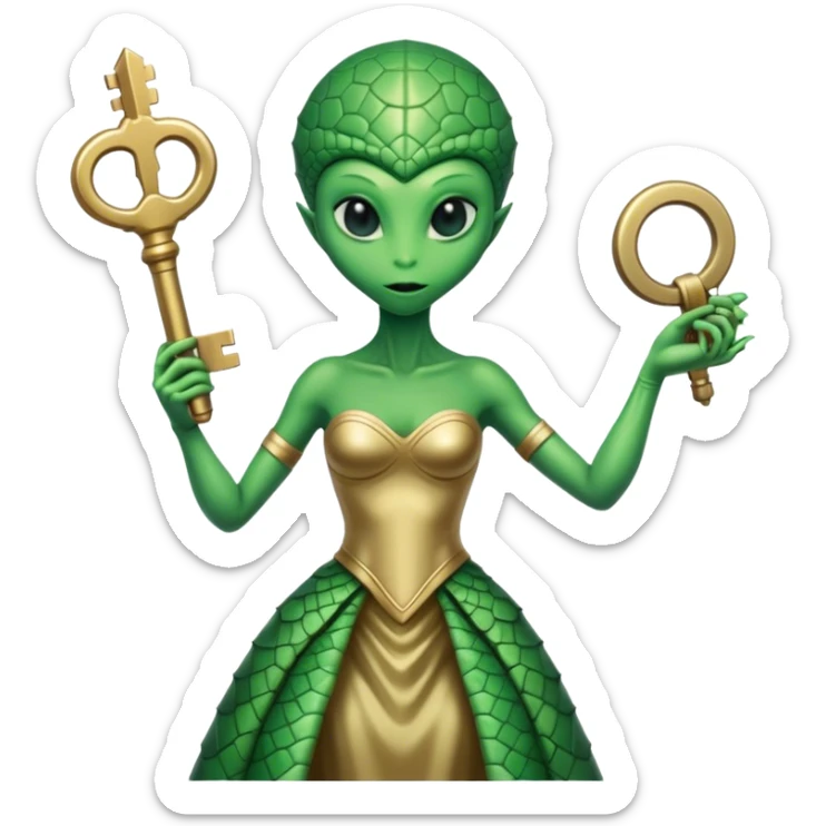 a reptilian alien woman green , in gold dress, hold a big key, full figure sticker