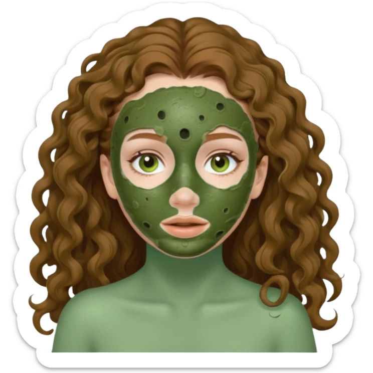 pale white girl with long brown curly hair green spa mud mask sticker