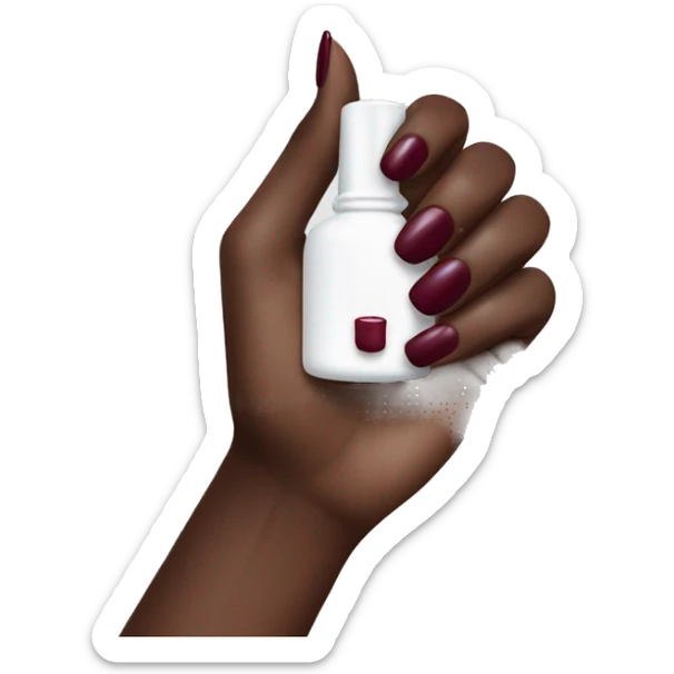 White female hand with burgundy nail polish on her nails with the bottle in her hand sticker