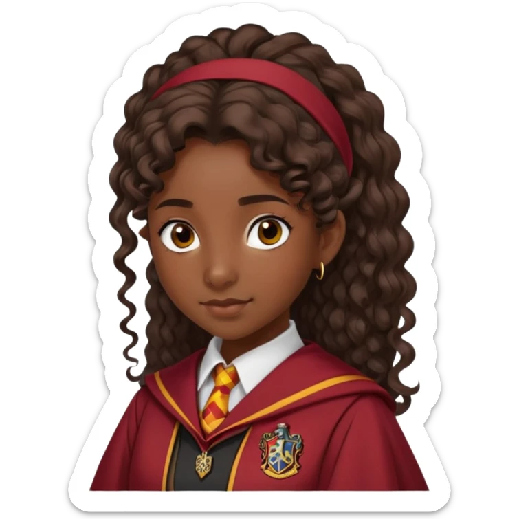 Alicia Spinnet in harry potter, wear hogwarts gryfindor uniform, long, dark, curly or wavy, ponytail hair, dark skin sticker