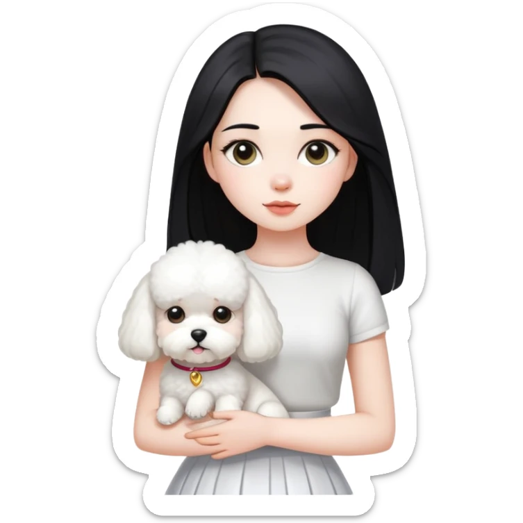 A beautiful girl with long straight black hair wearing a white skirt holding a small white Bichon Frise sticker