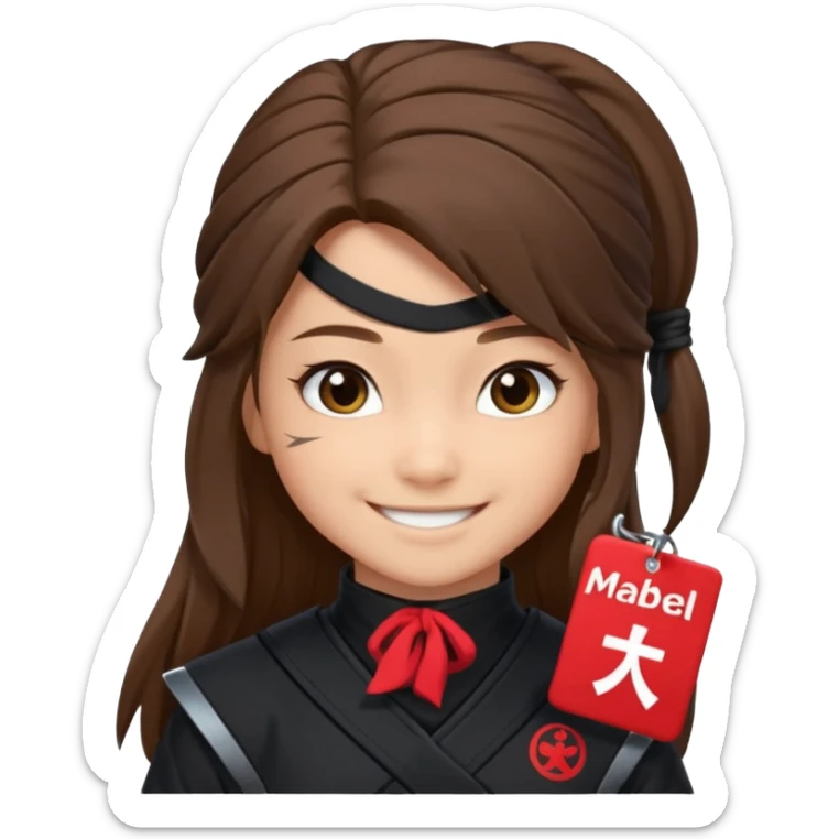 i need girl ninja smile with long brown hair with black costume with name mabel sticker
