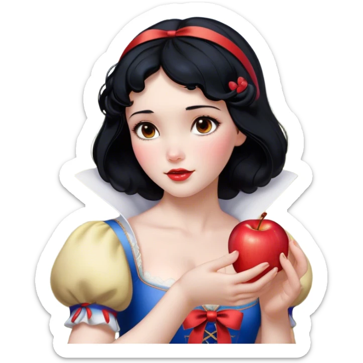 Cinematic Realistic Snow White Portrait, depicted with lifelike skin texture, soft natural lighting, and intricately detailed black hair styled with a red ribbon. Her soft brown eyes radiate innocence and kindness, complemented by a warm, gentle smile. She holds an apple in one hand, her other hand resting against her cheek, embodying her purity and charm. She is dressed in her classic yellow, blue, and red gown, the fabric rich in texture with delicate folds that catch the light beautifully. The portrait features a soft, natural glow with a radiant finish, capturing the essence of timeless beauty in a realistic and painterly style. sticker