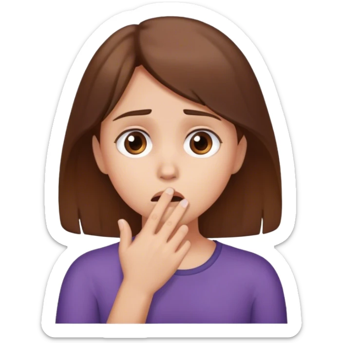 Girl brown hair hearing shooking news looks concerned and scared holds her hand in front of her mouth  sticker