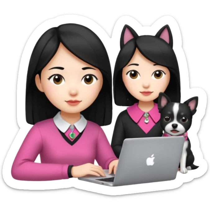 Asian girl with long black hair working on an Apple laptop, next to her is a small black and white dog with pink collar on  sticker