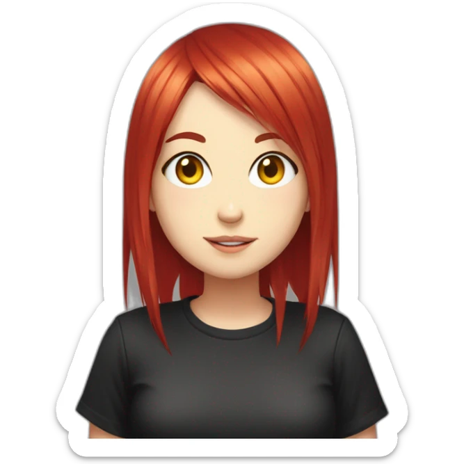 (gril) makima from the manga chainsawman with red hair fringe, yellow eyes with a circle inside and a black shirt sticker