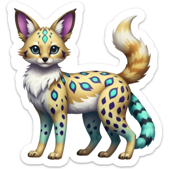 Rare iridescent white exotic epic aesthetic colorful Trico-Eevee-Serval-Genet-Civet-species-Fakemon-hybrid-creature, with intricate tattoo markings, full body sticker