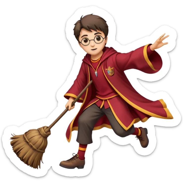 Cartoon-style illustration of Harry Potter flying on a broomstick, Gryffindor red and gold outfit, expressive face, dynamic motion, magical vibe, smooth shading, vibrant colors, no background, transparent background, isolated character. sticker