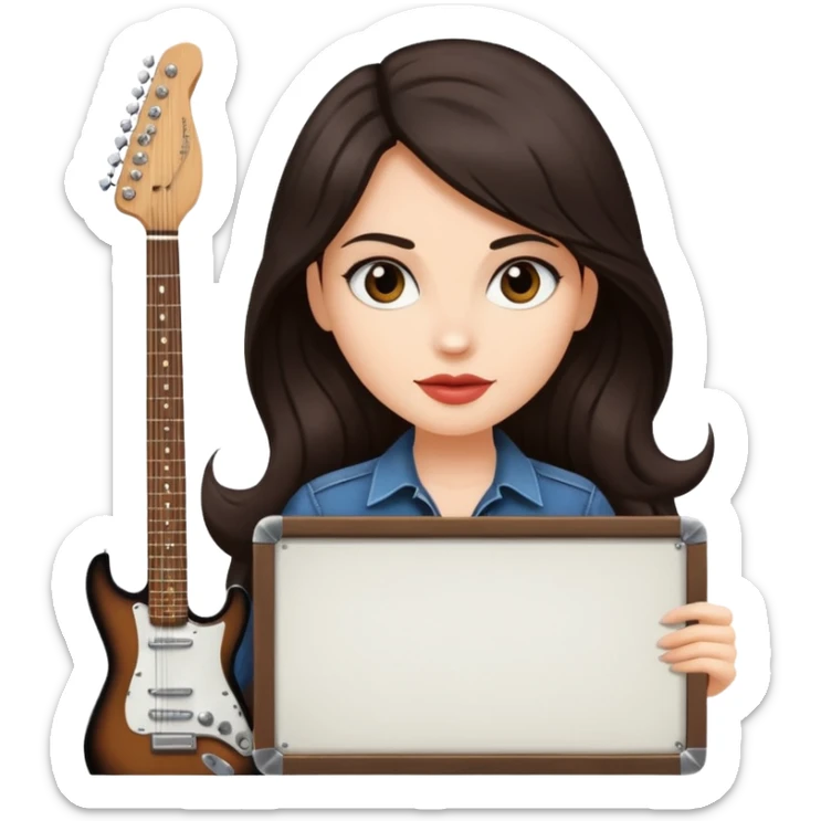 Fair skin long dark brown hair Rock n roll chick holding a large blank sign sticker