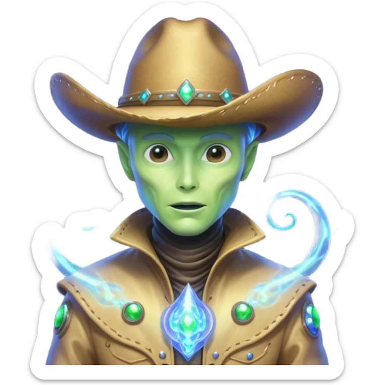 Portrait of an energy-based alien cowboy, translucent glowing body made of swirling light, holographic cowboy hat, sparks of energy floating around, dark background, cinematic lighting, ultra detailed sci-fi portrait
 sticker