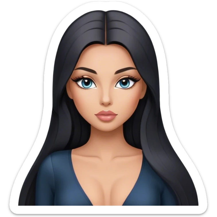 Glamours, tanned, very beautiful girl, with big pump peach-beige-rose lips, long long lashes, black straight smooth silky long hair, straight parting hair, blue-grey eyes in black long-sleeves v-neck bodysuit sticker