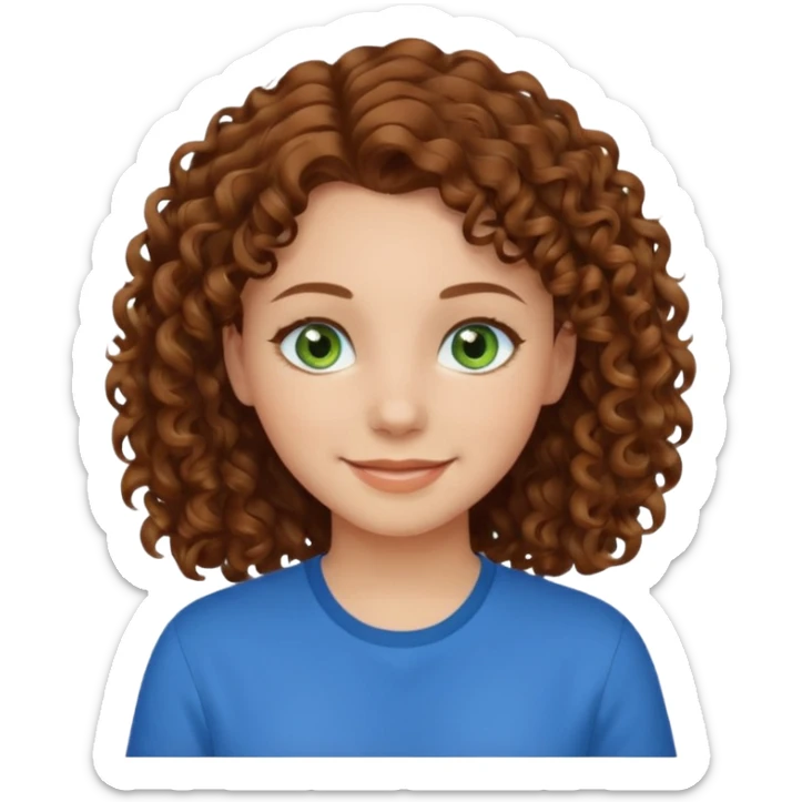 girl with brown hair, green eyes with a blue shirt no background ,young with curly hair smileing sticker
