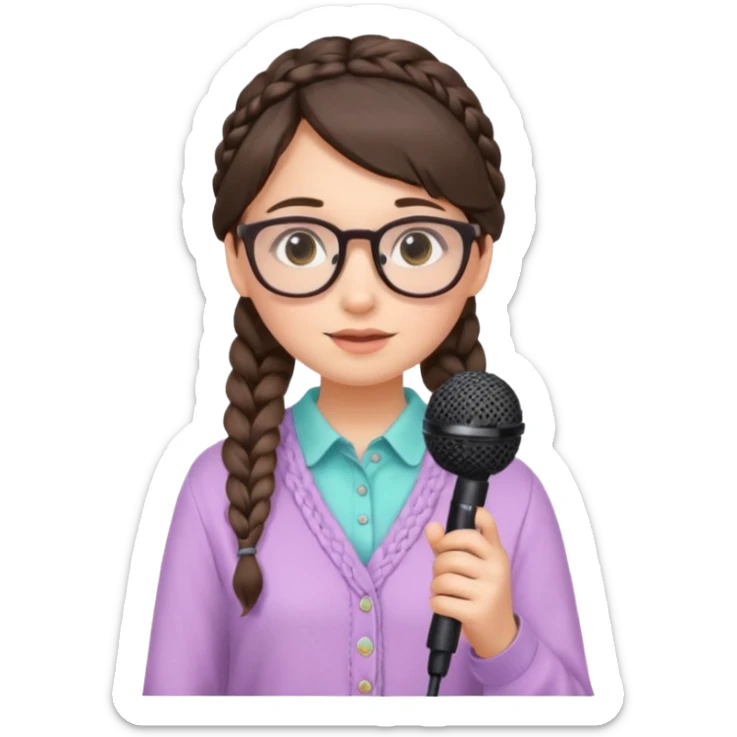A shy braid brunette singer girl in pastel clothes with glasses, holding the mic with both hands. sticker