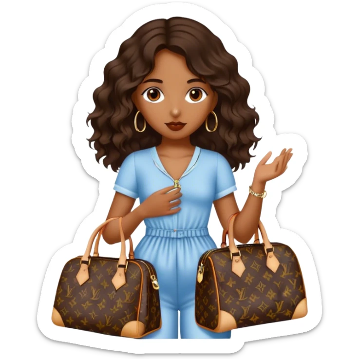  Brown girl with dark brown medium beach wavy hair carrying one Louis Vuitton purse on her arm while standing  sticker