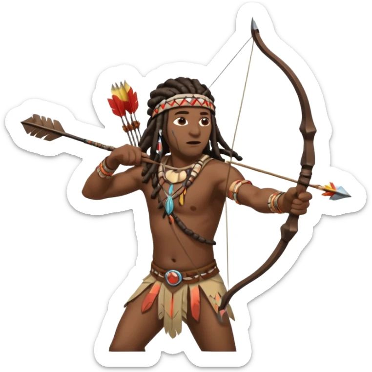 Black American man dark brown with dreads with a American Indian headdress shooting a bow and arrow at a native Indian while he runs  sticker