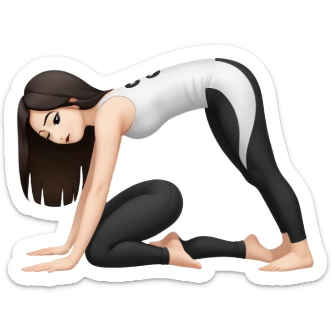 Девушка белокожая в позе собака мордой вниз, с длинными темными волосами, в белом топе, в черных лосинах, с черными ресницами sticker